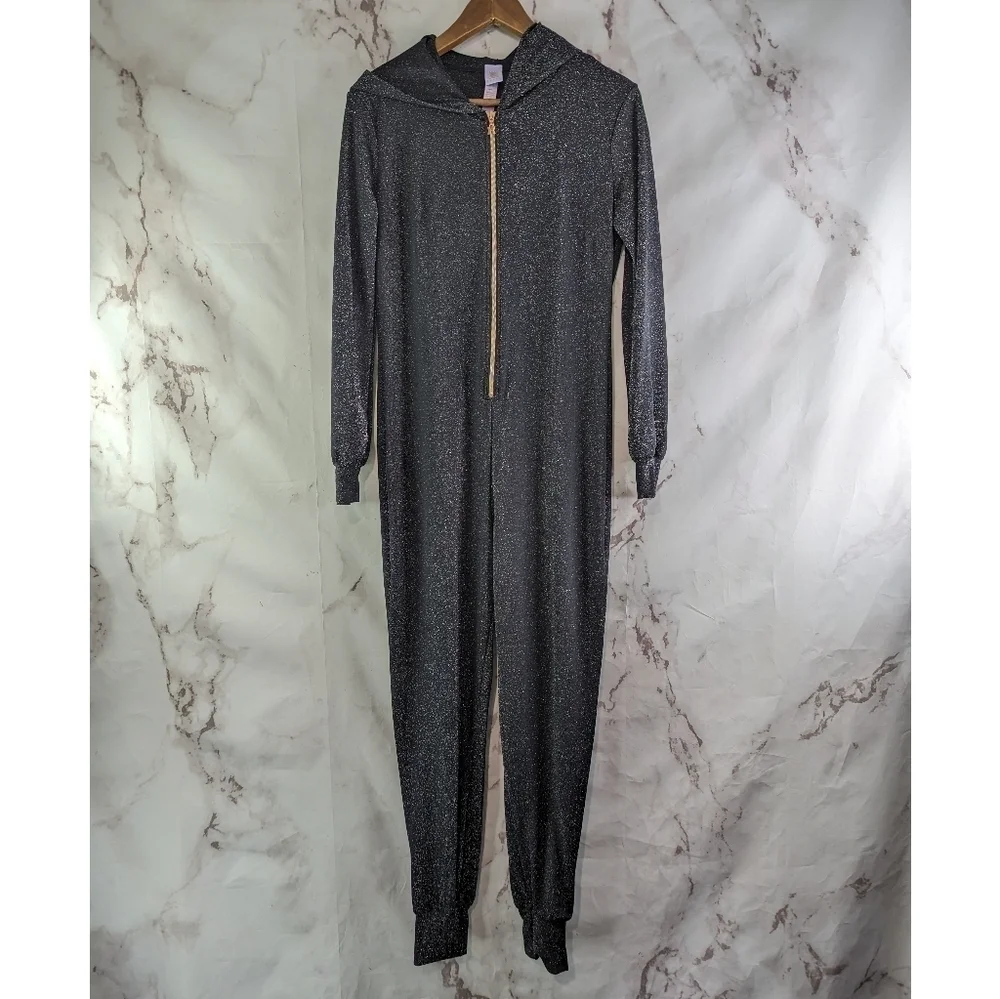 Savage Fenty Jumpsuit Womens Small Black Sparkle Glitter Hooded Sleep And Shine